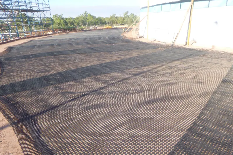 Geogrid installation across a prepared hardstand area