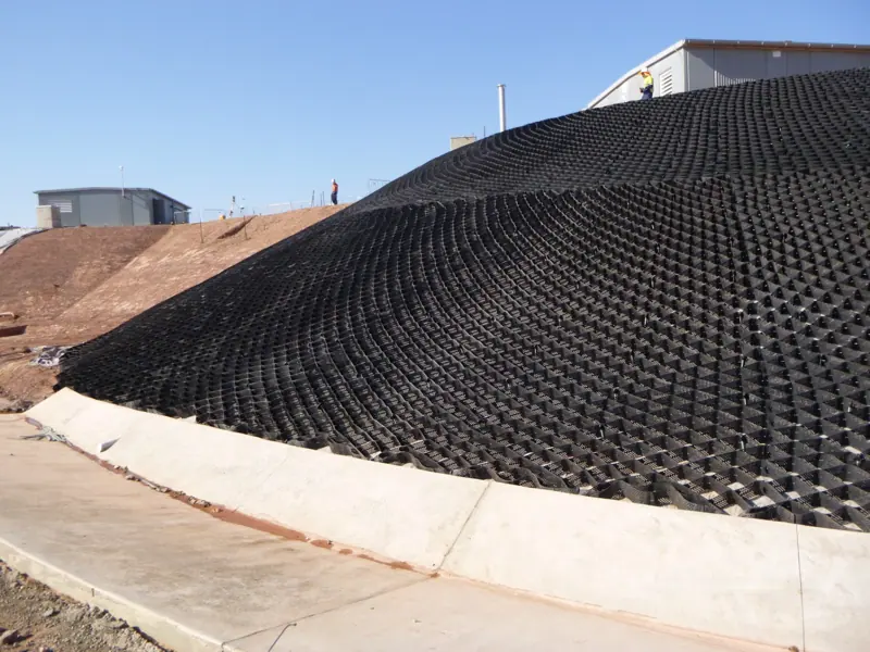 Geocell batter protection installed on an embankment slope